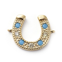 Golden Brass Micro Pave Cubic Zirconia Links Connectors, Cadmium Free & Lead Free, Horseshoe, Clear & Sky Blue, Golden, 13x18x2.5mm, Hole: 0.9mm