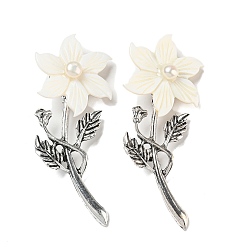 Linen Freshwater Shell Flower Alloy Brooch, with Freshwater Pearls, Antique Silver, Linen, 73.5x30x8mm