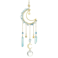 Aquamarine Moon & Star Brass Hanging Ornaments, Natural Aquamarine Chips and Glass Tassel Suncatchers, 300~308mm