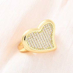 Настоящее золото 18K Латунные кольца-манжеты с микропаве и прозрачным цирконием для женщин, сердце, стойки покрытие, без кадмия и без свинца, прочное покрытие, реальный 18 k позолоченный, размер США 7 (17.3 мм)
