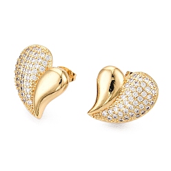 Real 16K Gold Plated Left and Right Heart Brass Pave Clear Cubic Zirconia Stud Earrings, Real 16K Gold Plated, 18x17.5mm