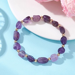 Аметист Эластичные браслеты из натурального аметиста и латунных бусин для женщин, самородки, внутренний диаметр: 1.93~2.05 дюйм (4.9~5.2 см)