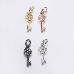 Mixed Color Brass Micro Pave Cubic Zirconia Pendants, Long-Lasting Plated, Key, Mixed Color, 12.5x4.5x1.5mm, Hole: 2.5mm
