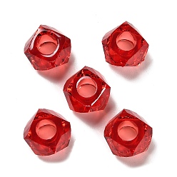 Красный Прозрачный полимер европейские шарики, бусины с большим отверстием, граненые, многоугольник, красные, 13~13.5x8 мм, отверстие : 5.7 мм