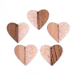 Розовый Подвески из непрозрачной смолы и орехового дерева, сердце прелести, с блестящей пудрой и золотой фольгой, туманная роза, 37.5x39x3~3.5 мм, отверстие : 2 мм