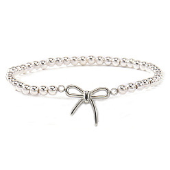 Платина Браслет с бантом 304 браслет из нержавеющей стали, латунные круглые бусины эластичные браслеты для женщин, платина, 6.89 дюйм (17.5 см)