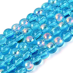 Deep Sky Blue Electroplate Transparent Glass Beads Strands, Round, AB Color Plated, Deep Sky Blue, 4mm, Hole: 0.6~0.7mm, about 98~109pcs/strand, 14.57~15.55 inch(37~39.5cm)