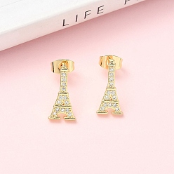 Золотой Серьги-гвоздики из латунного микро-паве, железная башня, стойки покрытие, без кадмия и без свинца, золотые, 15.5x8 мм