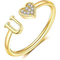 Letter U Регулируемые латунные кольца из манжеты из горного хрусталя, письмо и сердце, золотые, Буква U, внутренний диаметр: 15~20 мм