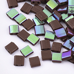 Coconut Brown FGB 2-Hole Glass Seed Beads, Half Green Plated Colours, Square, Coconut Brown, 5x4.5~5.5x2~2.5mm, Hole: 0.5~0.8mm, about 1180pcs/bag