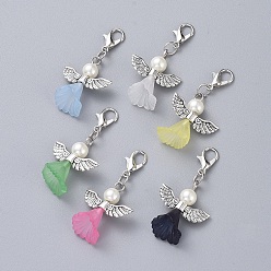 Mixed Color Acrylic Pendants, with Glass Pearl Beads, Platinum Plated Zinc Alloy Lobster Claw Clasps and Antique Silver Plated Alloy Beads, Angel, Mixed Color, 40mm