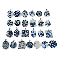 Royal Blue Handmade Porcelain Pendants, Mixed Shapes Charms, Platinum, Royal Blue, 44~54x35.5~46x4~6mm, Hole: 5.5x4.5mm