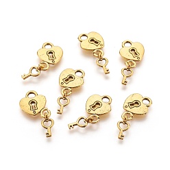 Античное Золото Сплавочные подвески тибетского стиля, сердце и скелетные ключевые подвески, античное золото , без свинца и без кадмия, Сердце: 15x12.5x2 mm, отверстие : 3.5 мм, Ключ: 12x5.5x1 мм