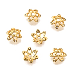Настоящее золото 24K Колпачки для бусин из прозрачного кубического циркония из латуни, цветок, без кадмия и без свинца, стойки покрытие, долговечный, реальный 24 k позолоченный, 10x9x3.5 мм, отверстие : 1.8 мм