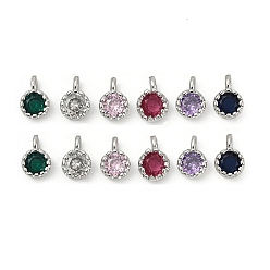 Mixed Color Brass Pave Cubic Zirconia Pendants, Single Stone Charms, Flat Round, Rack Plating, Long-Lasting Plated, Platinum, Mixed Color, 6.5~7x4.5~5x3mm, Hole: 1mm