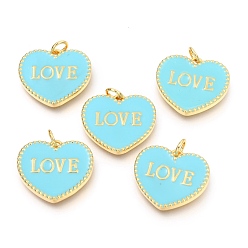 Бирюза Латунь эмаль подвески, долговечный, реальный 18 k позолоченный, с прыжковых колец, на день Святого Валентина, сердце со словом "love", бирюзовые, 17.5x20x2.5 мм, отверстие : 3 мм