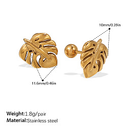 Golden 304 Stainless Steel Rhinestone Stud Earrings, Leaf, Golden, 11.6x10mm