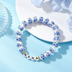 Синий Браслеты ручной работы из фарфоровых бусин с цветочным принтом, эластичные, для женщин., с акриловыми шариками, письмо Нана, синие, бусины : 10 мм, внутренний диаметр: 2.13 дюйм (5.4 см)