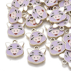 Lilac Alloy Enamel Pendants, Light Gold, Piggy Head Charms, Lilac, 15.5x15x2mm, Hole: 2mm