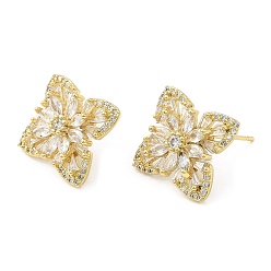 Real 18K Gold Plated Cubic Zirconia Flower Stud Earrings, Brass Earrings for Women, Real 18K Gold Plated, 20x20mm