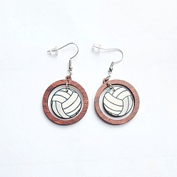 Volleyball Деревянные серьги-подвески на спортивную тематику, плоско-круглые, платина, волейбол, 30 мм