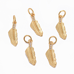 Golden Brass Pendants, with Cubic Zirconia, Feather, Clear, Golden, 17x5x1mm, Hole: 3.5mm