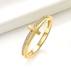 Золотой Кольца для женщин с микропаве из латуни и прозрачными кубическими цирконами, крестик, золотые, размер США 8 (18.1 мм)