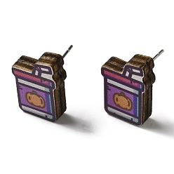 Drink Деревянные серьги-гвоздики, с 316 хирургическим стержнем из нержавеющей стали, тема благодарения, серебряные, темные орхидеи, пить, 16x11 мм