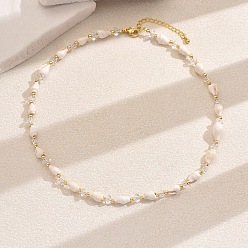 (404) Непрозрачное AB Кислое яблоко Ожерелье в стиле бохо из натуральных ракушек, латуни и стеклянных бусин для женщин на праздник и вечеринку, золотые, цветочный белый, 16.14 дюйм (41 см)