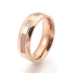 Розовое Золото 304 палец кольца из нержавеющей стали, широкая полоса кольца, с кубического циркония, Настоящее розовое золото покрыто, Размер 6~9, 16~19 мм