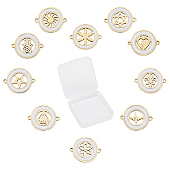 Golden 304 Stainless Steel Enamel Links Connectors, Flat Round with Mixed Patterns, Golden, 14.5x18.5x2mm, Hole: 1.2mm, 10 patterns, 1pc/Pattern, 10pcs/box