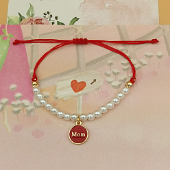 Красный Браслеты с подвесками из эмали и сплава ко Дню матери, Регулируемые пластиковые браслеты из жемчужных бусин, плетеные из бусин, для женщин, Плоский круглый со словом мама, красные, 10.63 дюйм (27 см)