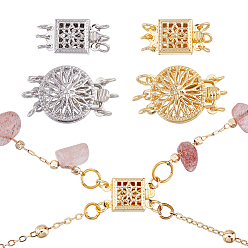 Платиновый & Золотой 4 шт 4 стили латунные застежки коробки, многожильные застежки, полые плоские круглые и квадратные, платиной и золотом, 14~17x8.5~12x3.6~7 мм, отверстие : 2 мм, 1 шт / стиль