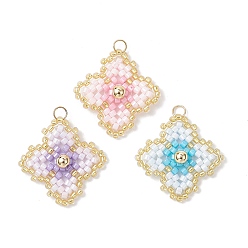 Mixed Color 3Pcs 3 Colors Handmade Glass Seed Beaded Quatrefoil Pattern Pendants, with 304 Stainless Steel Jump Rings Loop, Mixed Color, 24.5~25x24~25x5.5mm, Hole: 3mm, 1pc/color