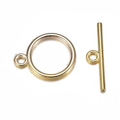 Golden Tibetan Style Toggle Clasps, Flat Round, Cadmium Free & Nickel Free & Lead Free, Golden, Flat Round: 15x2mm, Hole: 2mm, Bar: 21mm, Hole: 2mm