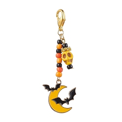 Light Gold Halloween Theme Alloy Enamel Pendant Decorations, Glass Seed Beaded and Zinc Alloy Lobster Claw Clasps Charms, Mixed Shapes, Light Gold, 70~75mm, 4pcs/set