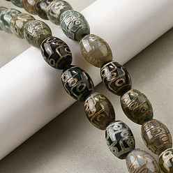 9-Глаз Тибетского стиля DZI бисер нитей, природных бисера агат, окрашенная и подогревом, рис, темно-оливковый зеленый, 9 -eye, 16x12 мм, отверстие : 1.8 мм, около 20 шт / нитка, 12.60'' (32 см)
