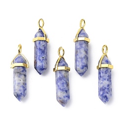 (306FM) Жонкиль матовый с лаймовой подкладкой Натуральные голубые пятна яшмы остроконечные подвески, с произвольным латунным кулоном с шестигранной головкой для бусинок, золотые, пуля, 38.5~40x12~12.5x10~11 мм, отверстие : 3x4.5 мм
