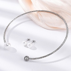 Нержавеющая Сталь Цвет Круглые пластиковые серьги-гвоздики с имитацией жемчуга и комплекты колье-чокеров с кубическим цирконием и стразами, 304 комплект украшений из нержавеющей стали для женщин, цвет нержавеющей стали, внутренний диаметр: 4.43 дюйм (112.5 мм)