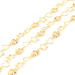 Linen Handmade Brass Link Chains, with Glass, Long-Lasting Plated, Soldered, with Spool, Butterfly & Heart & Star, Golden, Linen, Link: 11x7x2mm, 8.5x8.5x0.8mm, 6.5x7.5x0.8mm