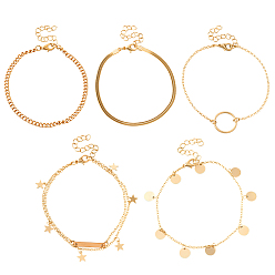 Light Gold 2сумки 10шт. браслеты на ногу из железа и сплава, браслеты с подвесками и цепочками для женщин, золотой свет, 8-1/4~8-7/8 дюйм (21~22.5 см), 5 шт / пакет