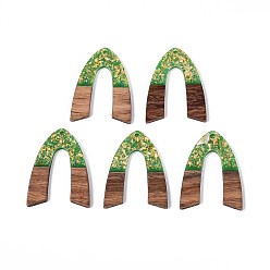 Зеленый лайм Подвески из непрозрачной смолы и орехового дерева, арочные прелести, с блестящей пудрой и золотой фольгой, зеленый лайм, 38x28.5x3 мм, отверстие : 2 мм