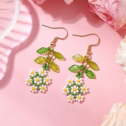 White Handmade Glass Seed Dangle Earrings, Loom Pattern, Flower, Golden, White, 52.5x17mm