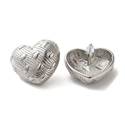 Stainless Steel Color Non-Tarnish 304 Stainless Steel Stud Earrings, Grooved Heart, Stainless Steel Color, 26x30.5mm