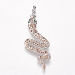 Сэнди Коричневый Латунные микро проложить кубического циркония подвески, змея, платина, песчаный коричневый, 36x15x2.5 мм, отверстие : 3x5 мм
