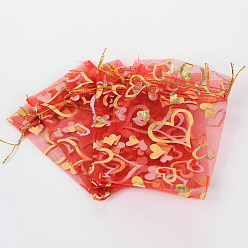 Red Heart Printed Organza Bags, Wedding Favor Bags, Favour Bag, Gift Bags, Rectangle, Red, 12x10cm