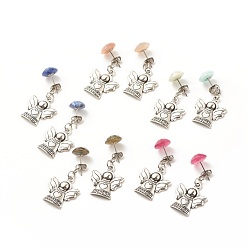 Mixed Stone Natural Gemstone Half Round with Alloy Fairy Front Back Stud Earrings, Alloy Dangle Stud Earrings for Women, Antique Silver, 30mm, Pin: 0.7mm