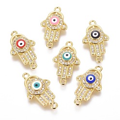Mixed Color Brass Micro Pave Cubic Zirconia Links, Cadmium Free & Lead Free, with Enamel, Hamsa Hand/Hand of Fatima/Hand of Miriam, Golden, Mixed Color, 22x12.5x3mm, Hole: 1.2mm