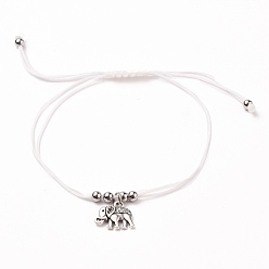 Antique Silver & Stainless Steel Color Braided Nylon Thread Anklets, with 304 Stainless Steel Round Beads and Alloy Charms, Elephant, Antique Silver & Stainless Steel Color, Inner Diameter: 2-3/4~3-3/4 inch(7~9.5cm)