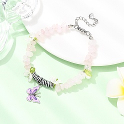 Розовый Кварц Браслеты из сплава с подвесками в виде бабочек с принтом, Комплекты браслетов из бусин из натурального розового кварца и немагнитного синтетического гематита для женщин, 7-3/8 дюйм (18.6 см)